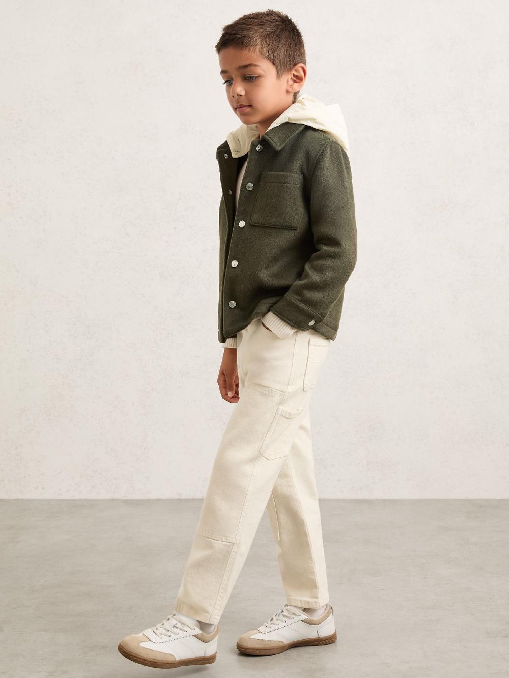 Reiss 9-13 Yrs Wool-Blend Detachable-Hood Overshirt In Dark Sage Green