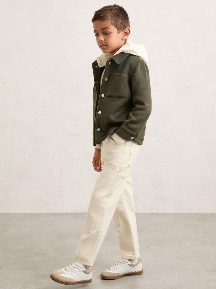 reiss 9-13 yrs Wool-Blend Detachable-Hood Overshirt in Dark Sage Green