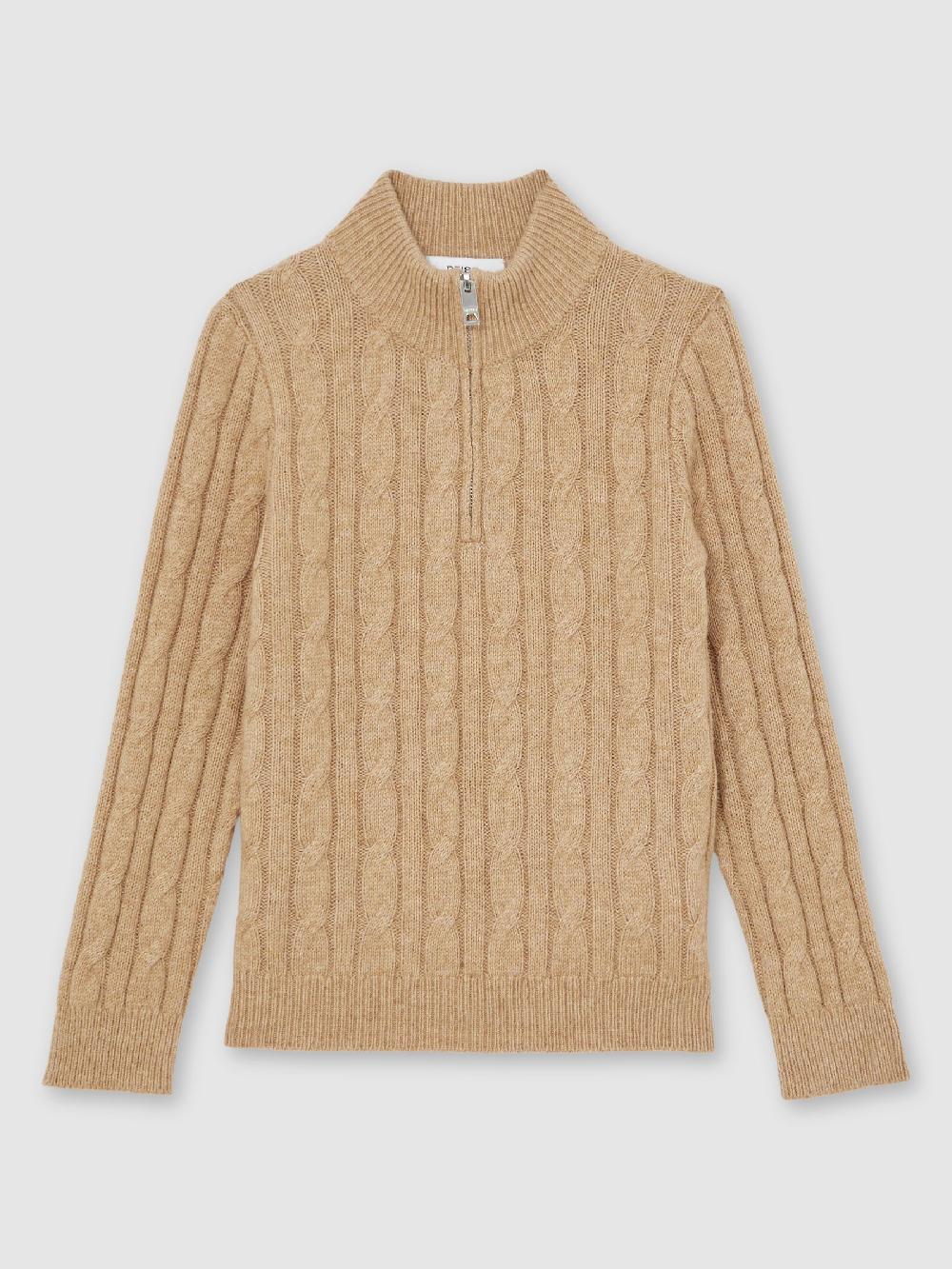 Reiss 9-13 Yrs Wool-Blend Half-Zip Cable Knit Jumper In Camel Melange