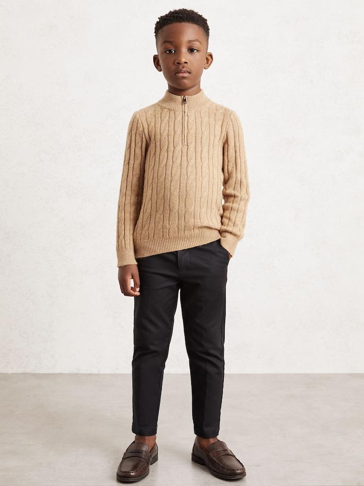 reiss 9-13 yrs Wool-Blend Half-Zip Cable Knit Jumper in Camel Melange