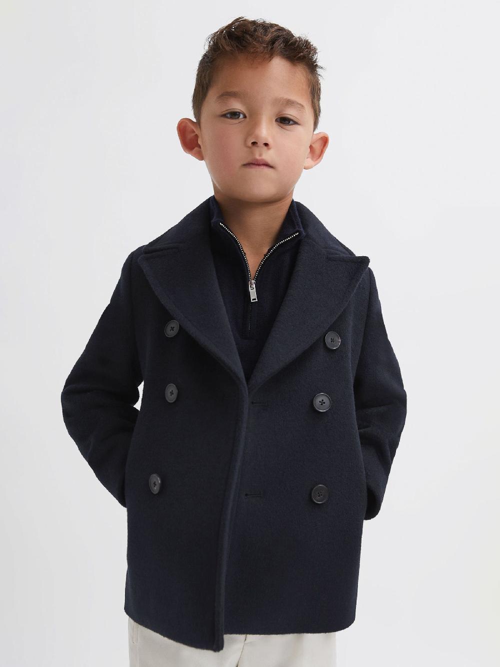 Reiss 9-13 Yrs Wool Blend Twill Double Breasted Coat In Navy