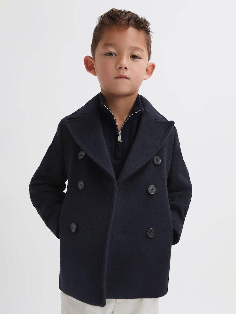 reiss 9-13 yrs Wool Blend Twill Double Breasted Coat in Navy
