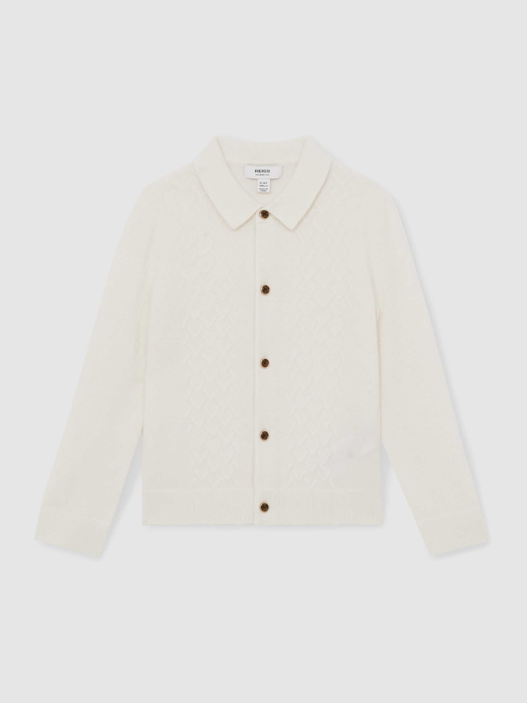 Reiss 9-13 Yrs Wool V-Stitch Button-Through Cardigan In Off White