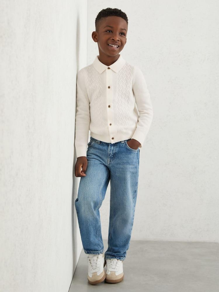 reiss 9-13 yrs Wool V-Stitch Button-Through Cardigan in Off White