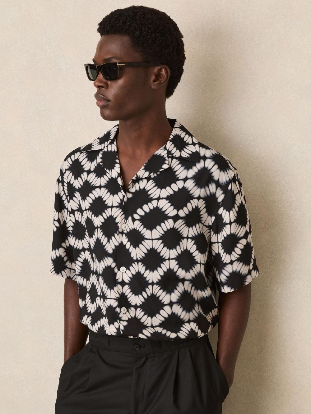 Reiss Abstract Floral Print Cuban Shirt In Black Multi