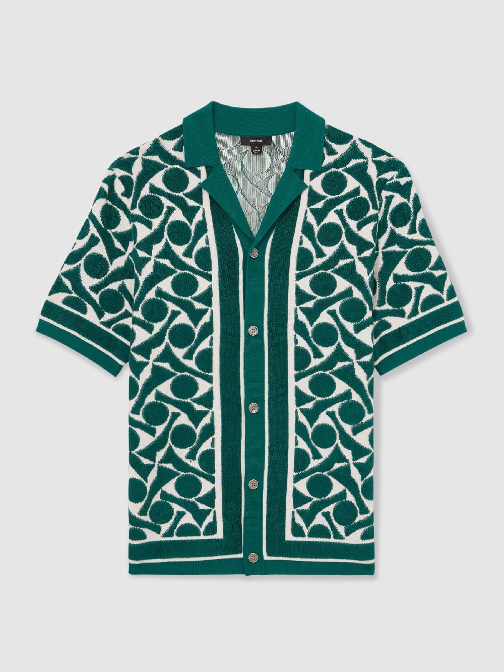 Reiss Abstract Pattern Towelling Shirt In Green/White