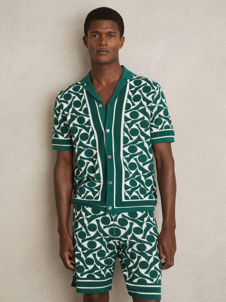 reiss Abstract Pattern Towelling Shirt in Green/White