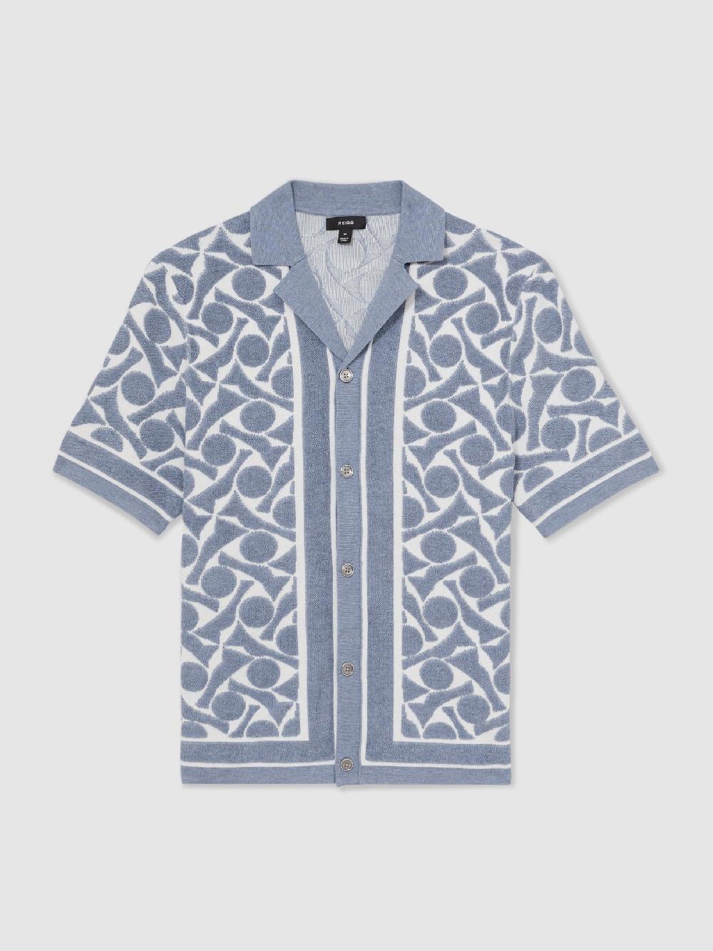 Reiss Abstract Pattern Towelling Shirt In Soft Blue/White