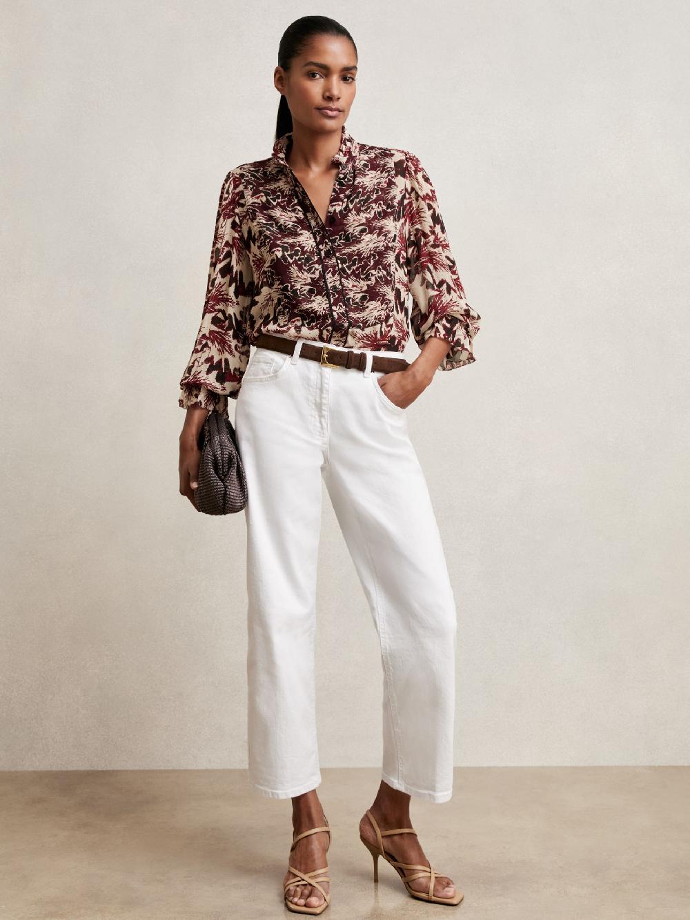 Reiss Abstract-Print Ruffle-Neck Shirt In Burgundy/Cream