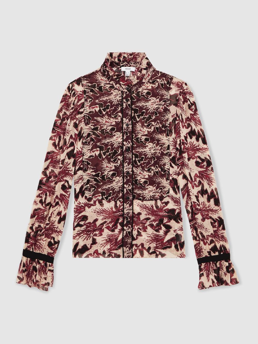 Reiss Abstract-Print Ruffle-Neck Shirt In Burgundy/Cream