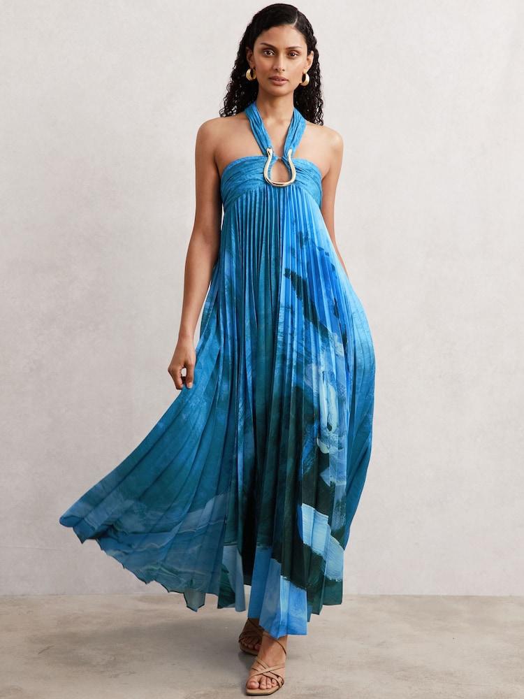 reiss Acler Abstract-Print Pleated Maxi Dress in Blue