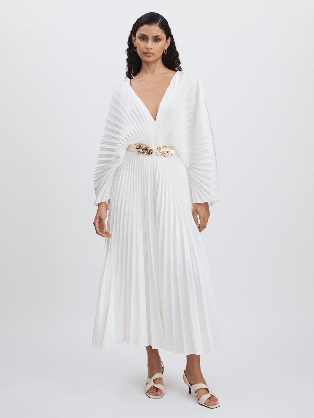 Reiss Acler Cream Wonastow Pleated Maxi Dress With Belt In Cream