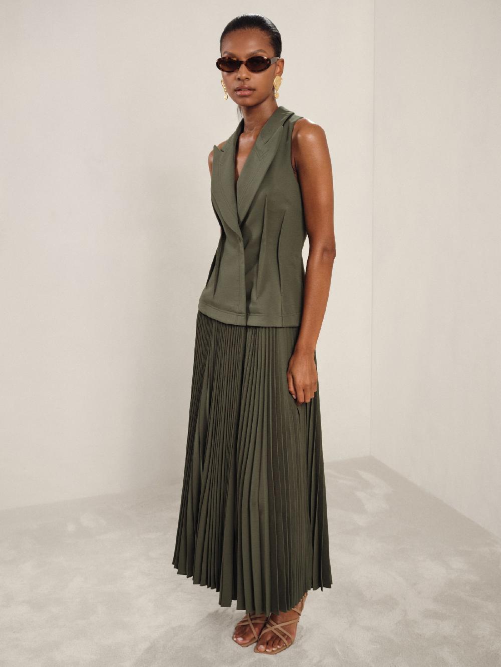 Reiss Acler Dark Olive Green Waistcoat Bodice Pleated Dress In Dark Olive Green