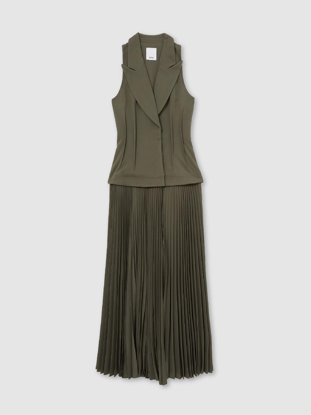 Reiss Acler Dark Olive Green Waistcoat Bodice Pleated Dress In Dark Olive Green