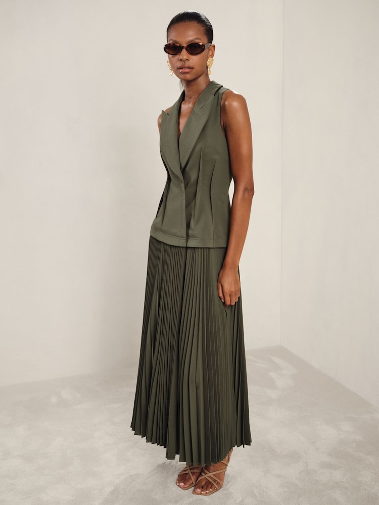 reiss Acler Dark Olive Green Waistcoat Bodice Pleated Dress in Dark Olive Green