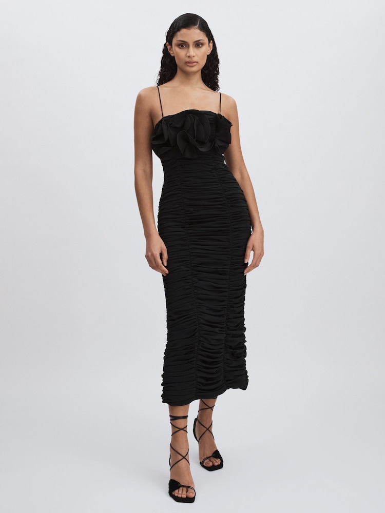 reiss Acler Gathered Midi Black Dress with Rosettes in Black