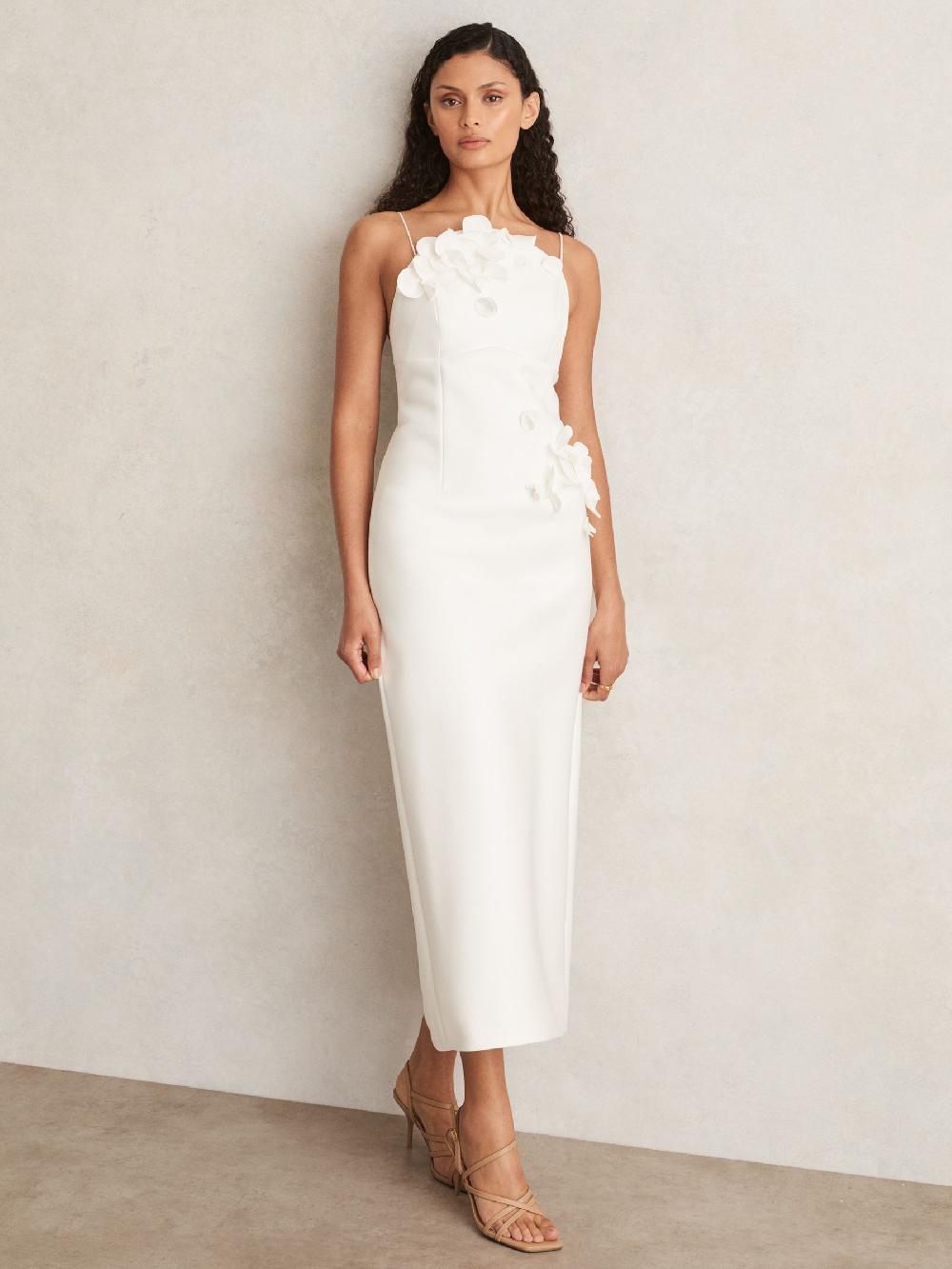 Reiss Acler Ivory Petal Detail Fitted Midi Dress In Ivory