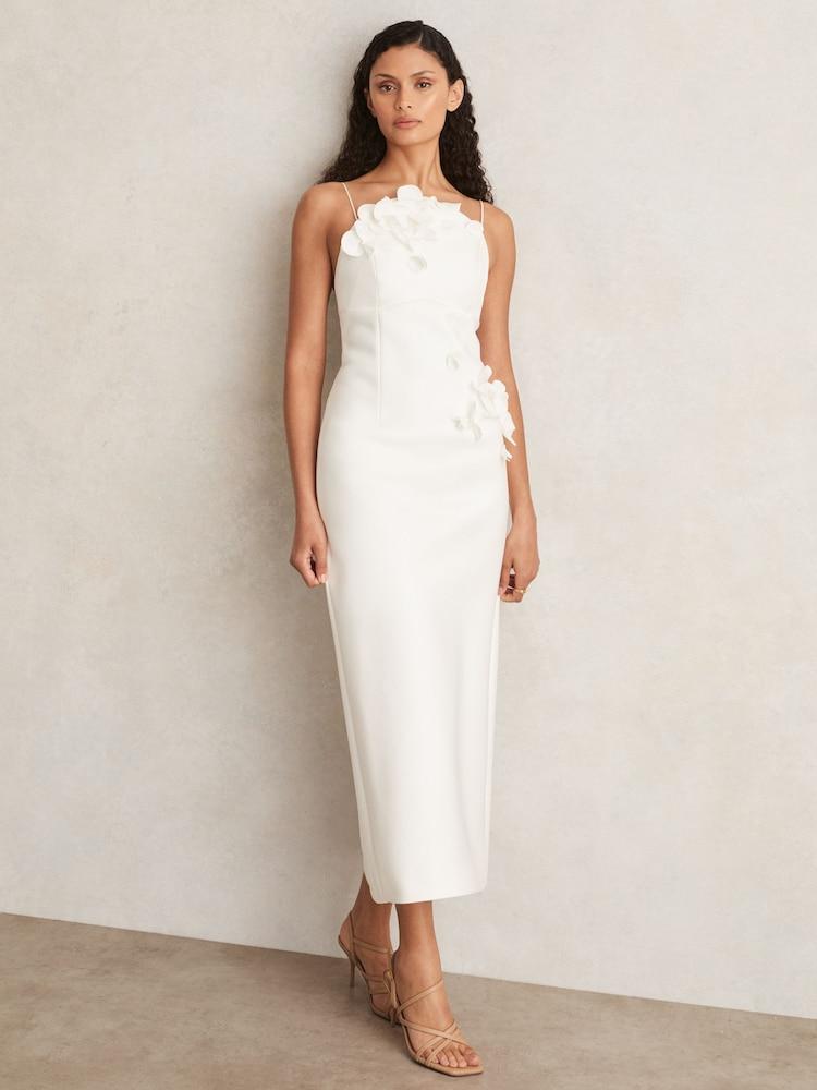 reiss Acler Ivory Petal Detail Fitted Midi Dress in Ivory