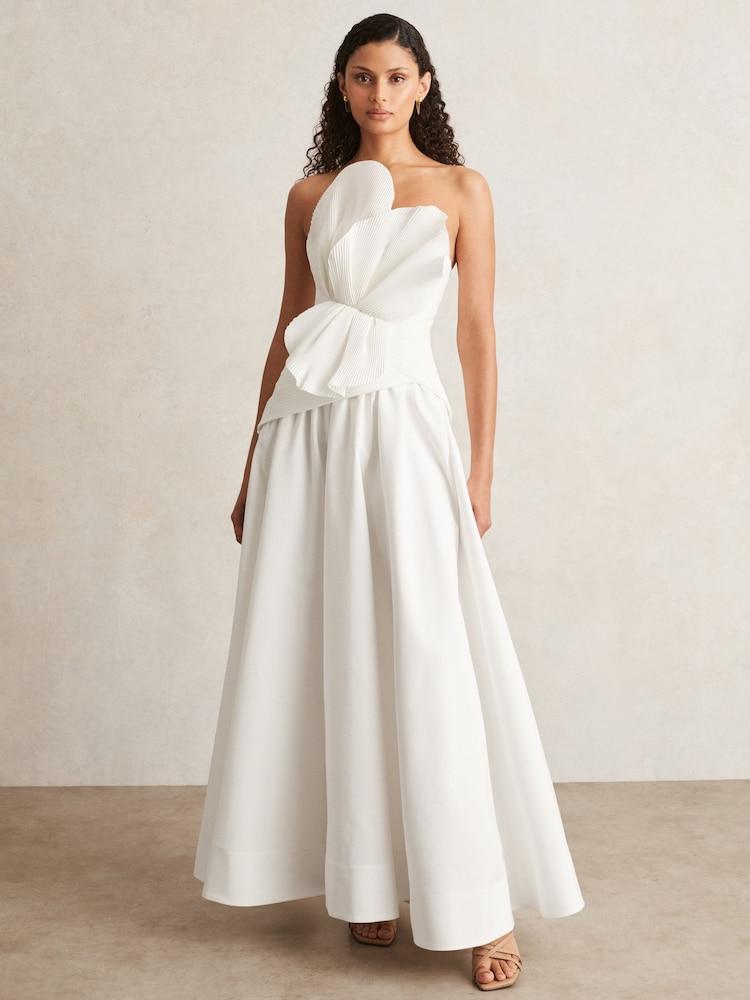 reiss Acler Ivory Plissé Fan Strapless Maxi Dress in Ivory