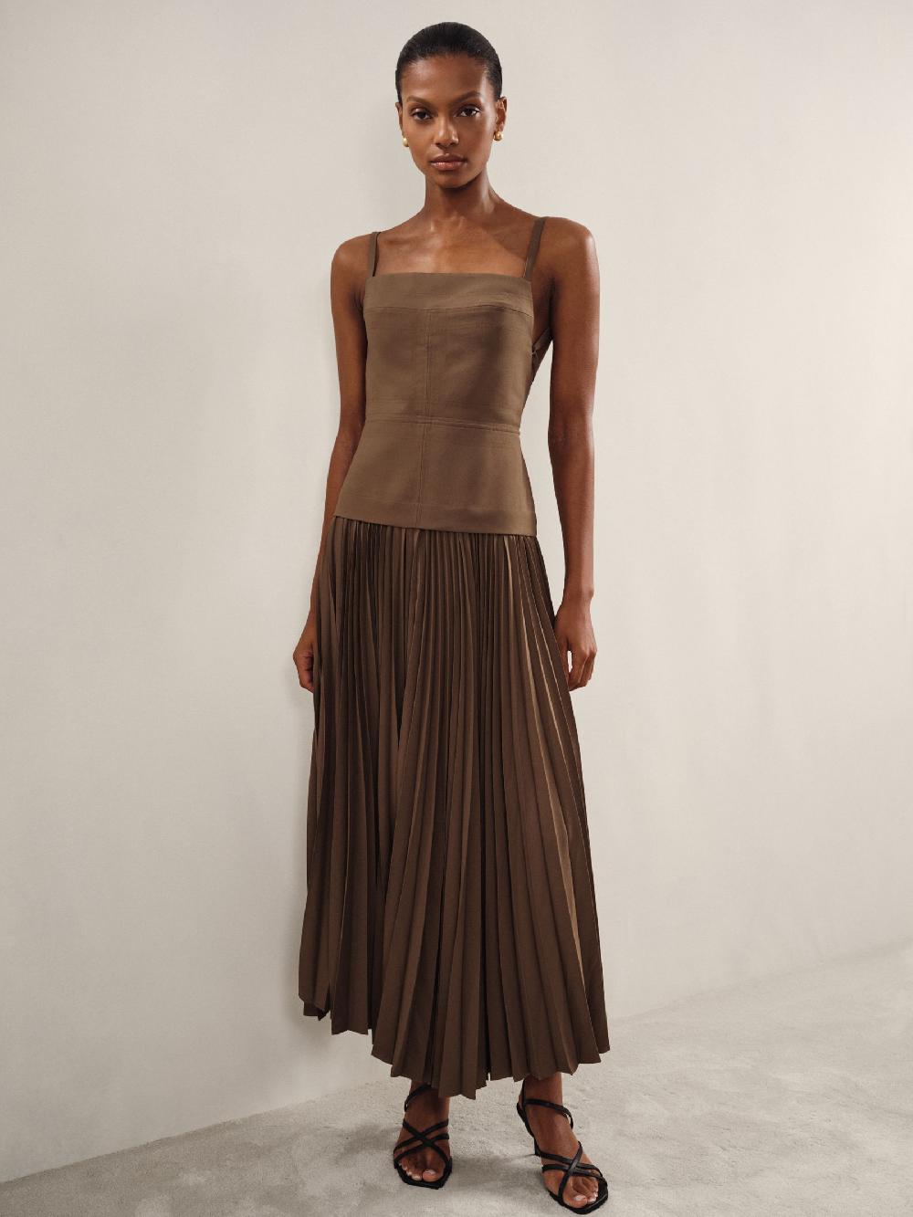 Reiss Acler Linen Blend Pleated Midi Brown Dress In Brown