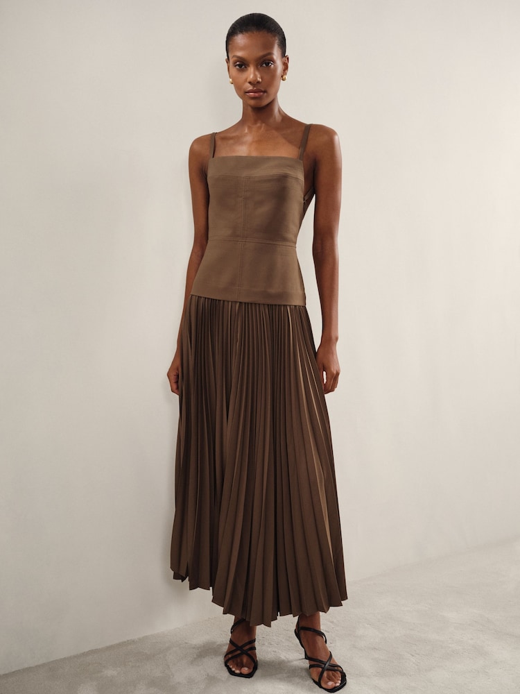 reiss Acler Linen Blend Pleated Midi Brown Dress in Brown
