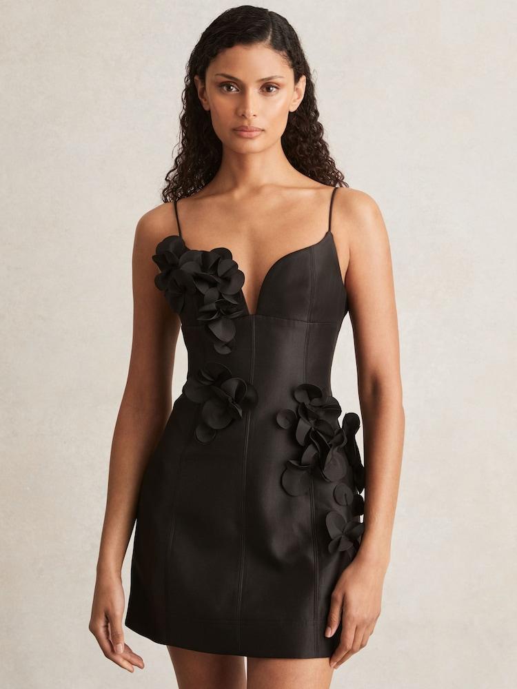 reiss Acler Petal Detail Fitted Mini Black Dress in Black