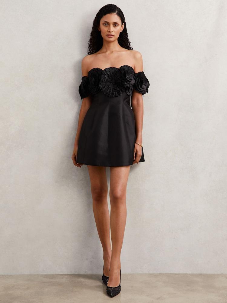 reiss Acler Rosette Off-Shoulder Mini Dress in Black