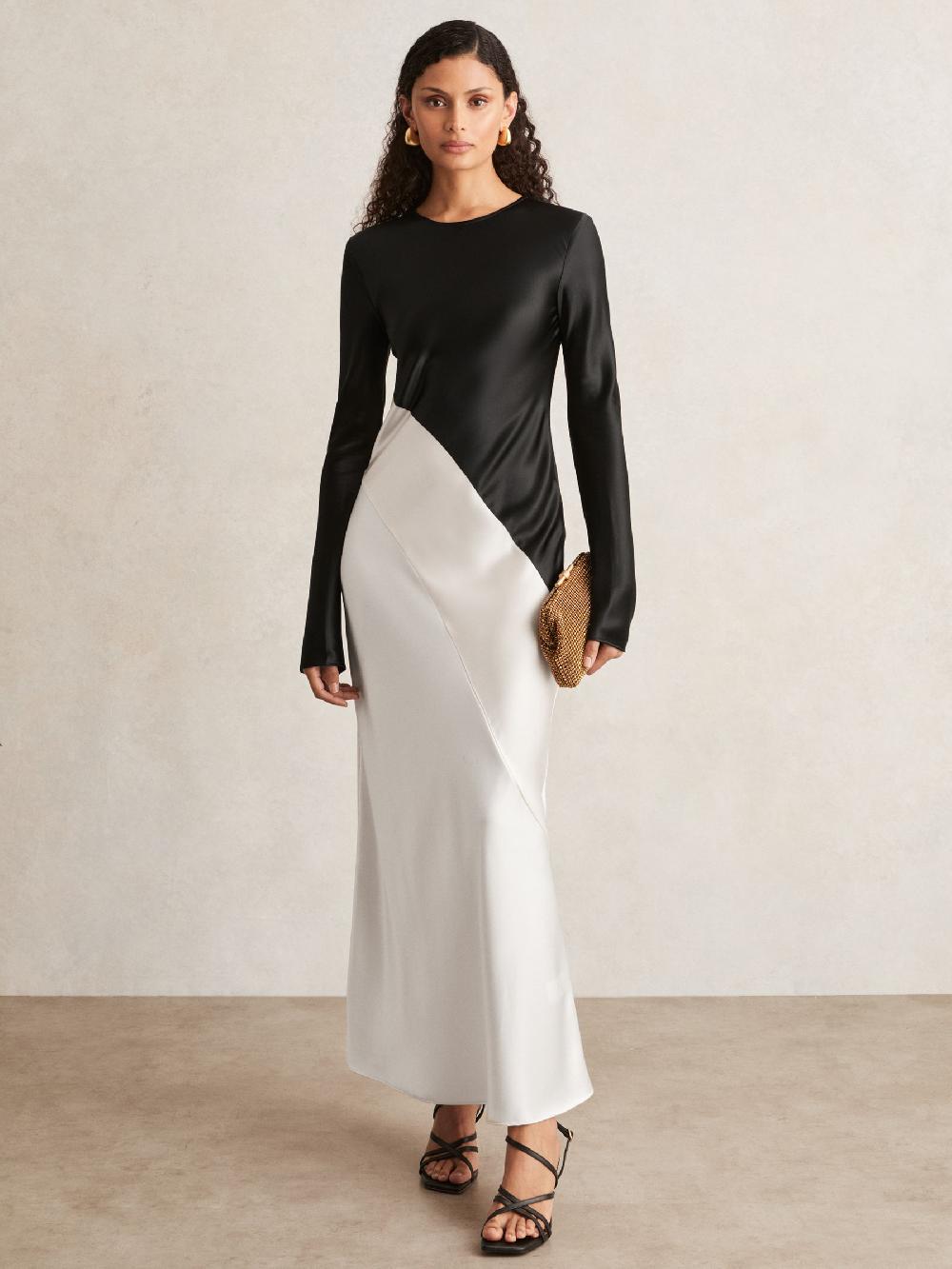 Reiss Acler Satin Colour Block Midi Dress In Ivory/Black