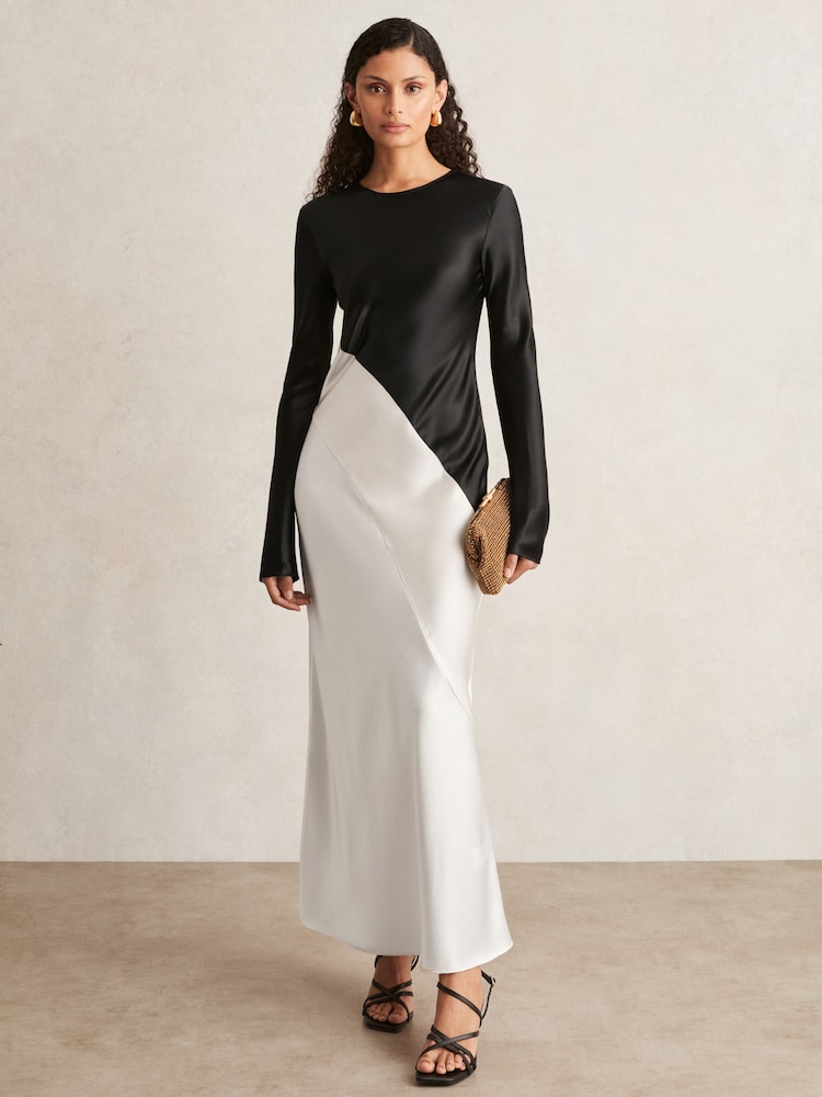 reiss Acler Satin Colour Block Midi Dress in Ivory/Black