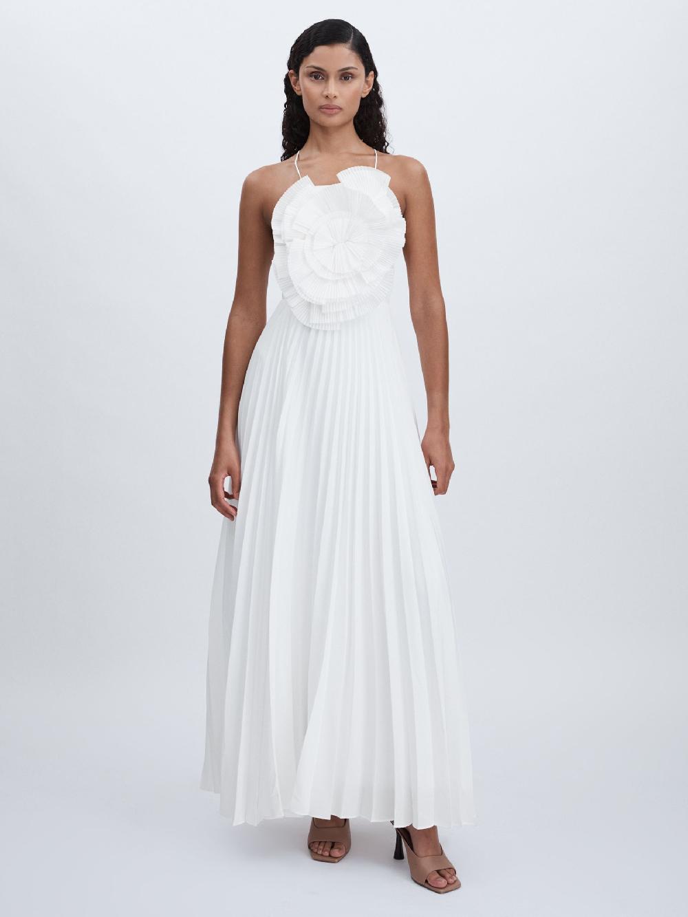 Reiss Acler Satin Pleated-Ruffle Maxi Dress In Ivory