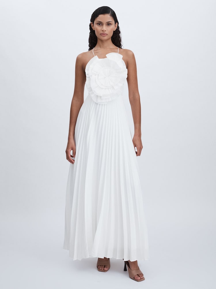 reiss Acler Satin Pleated-Ruffle Maxi Dress in Ivory