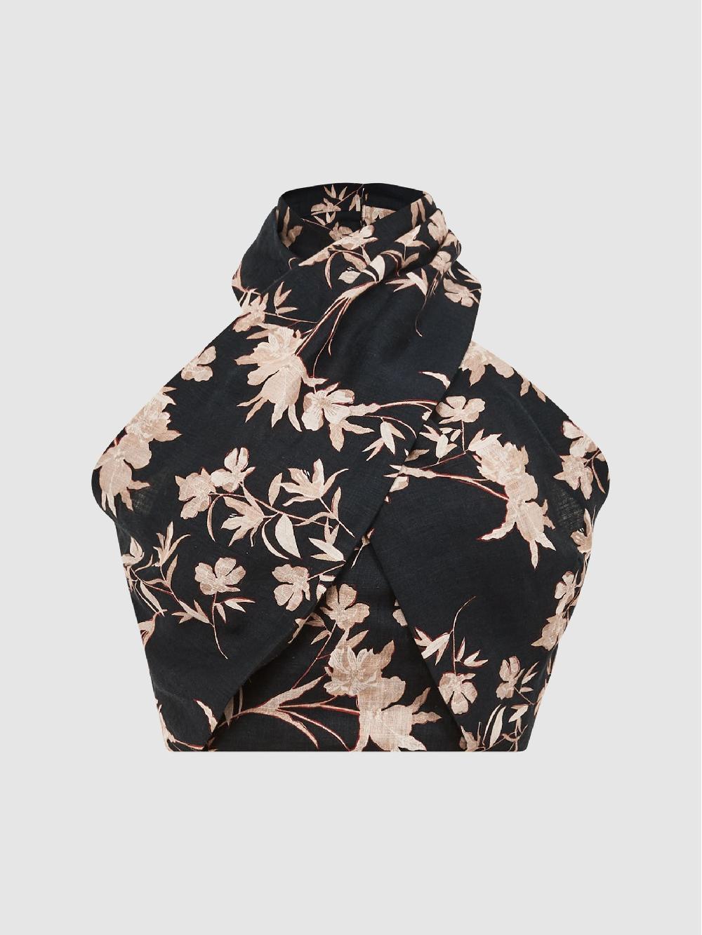 Reiss Ally Black/Blush Printed 100% Linen Halter Neck Cropped Top