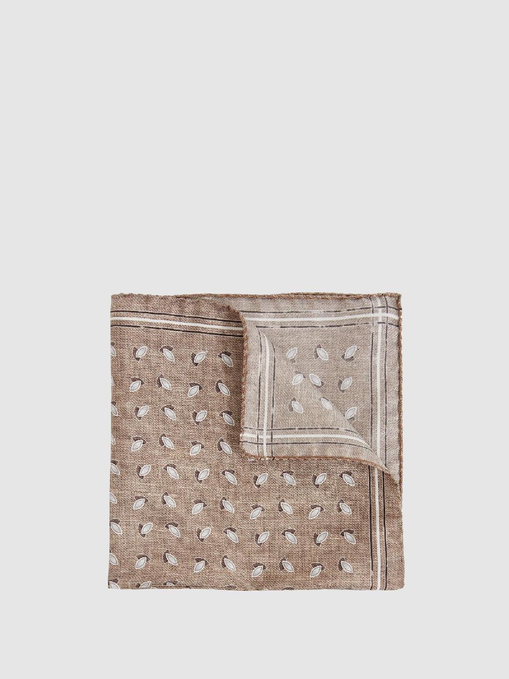 Reiss Almond Print Silk Pocket Square In Soft Brown Melange