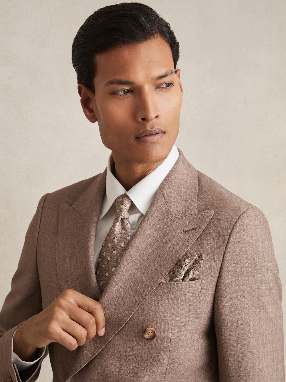 Reiss Almond Print Silk Pocket Square In Soft Brown Melange