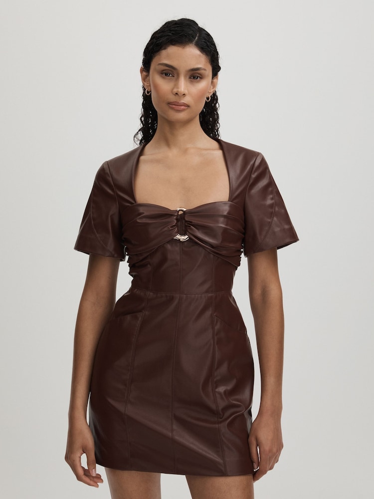 reiss Amur Faux Leather Mini Dress in Chocolate Brown