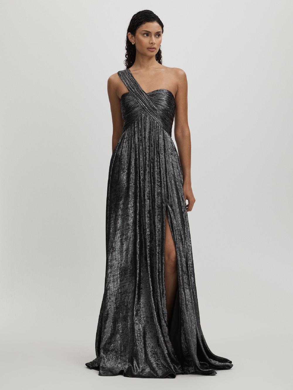 Reiss Amur Metallic One Shoulder Maxi Dress In Dark Grey
