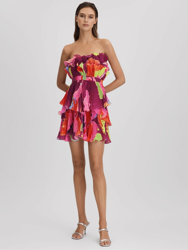 reiss Amur Pleated Strapless Mini Dress in Sangria Flower