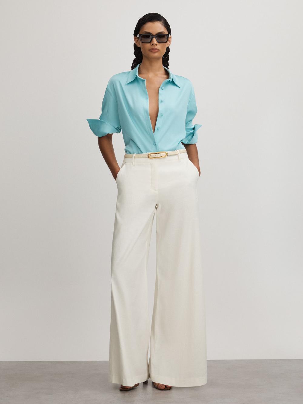 Reiss Anna Quan Wide Leg Linen Blend Trousers In Ivory