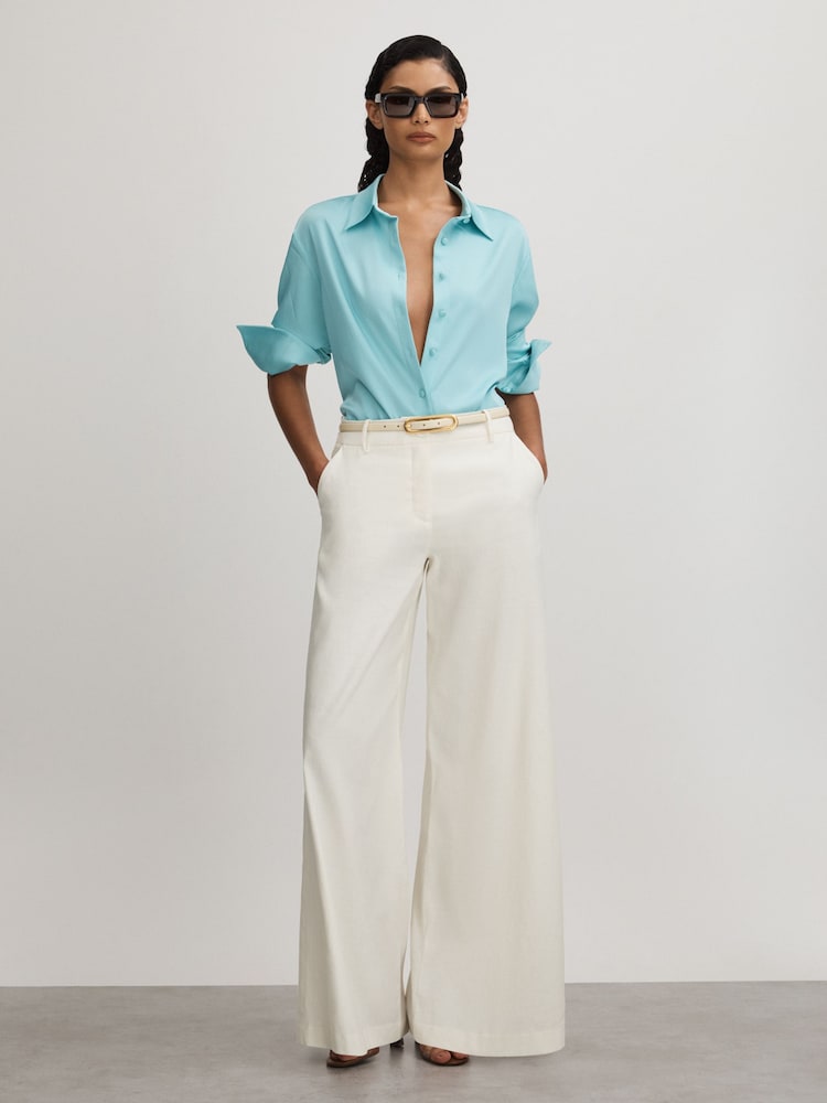 reiss Anna Quan Wide Leg Linen Blend Trousers in Ivory