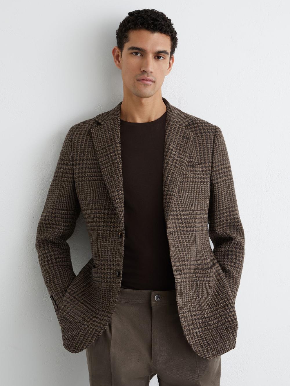 Reiss Atelier Check Single-Breasted Blazer Wool Tailored-Fit In Brown