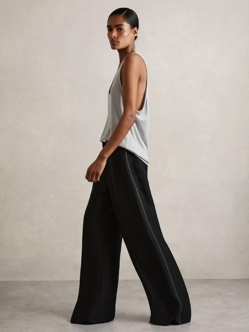 Reiss Atelier Crepe Wide-Leg Stitch Trousers In Black