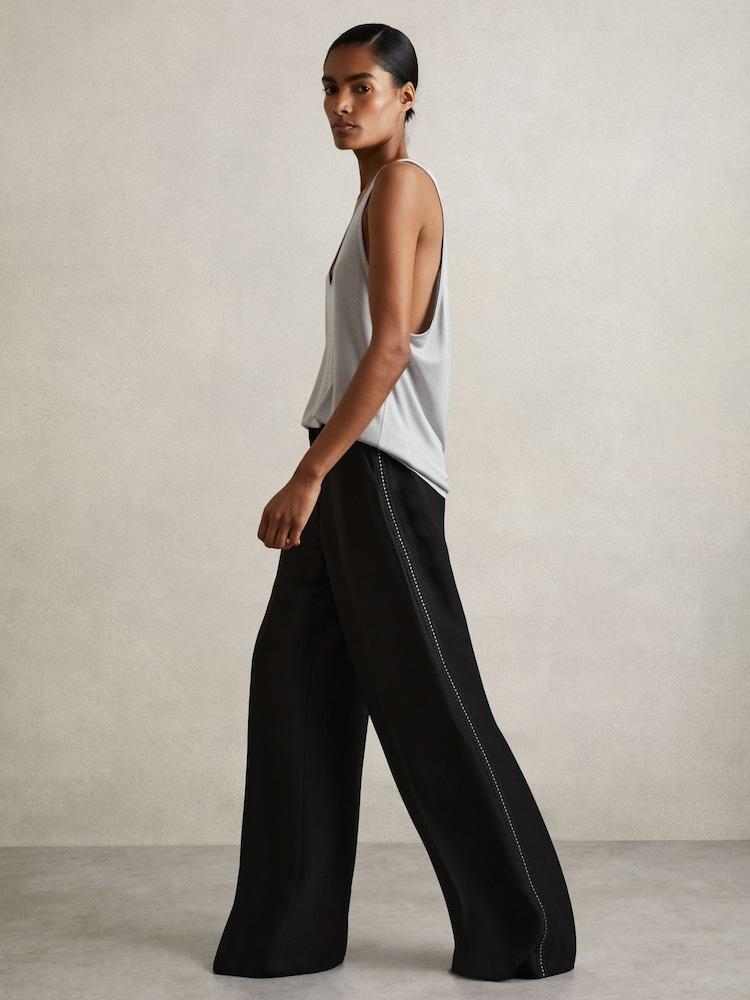 reiss Atelier Crepe Wide-Leg Stitch Trousers in Black