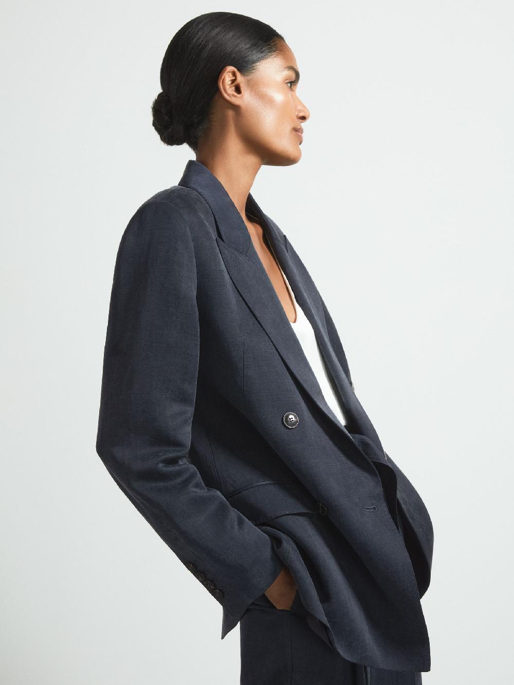 Reiss Atelier Cupro Double Breasted Suit Blazer In Navy