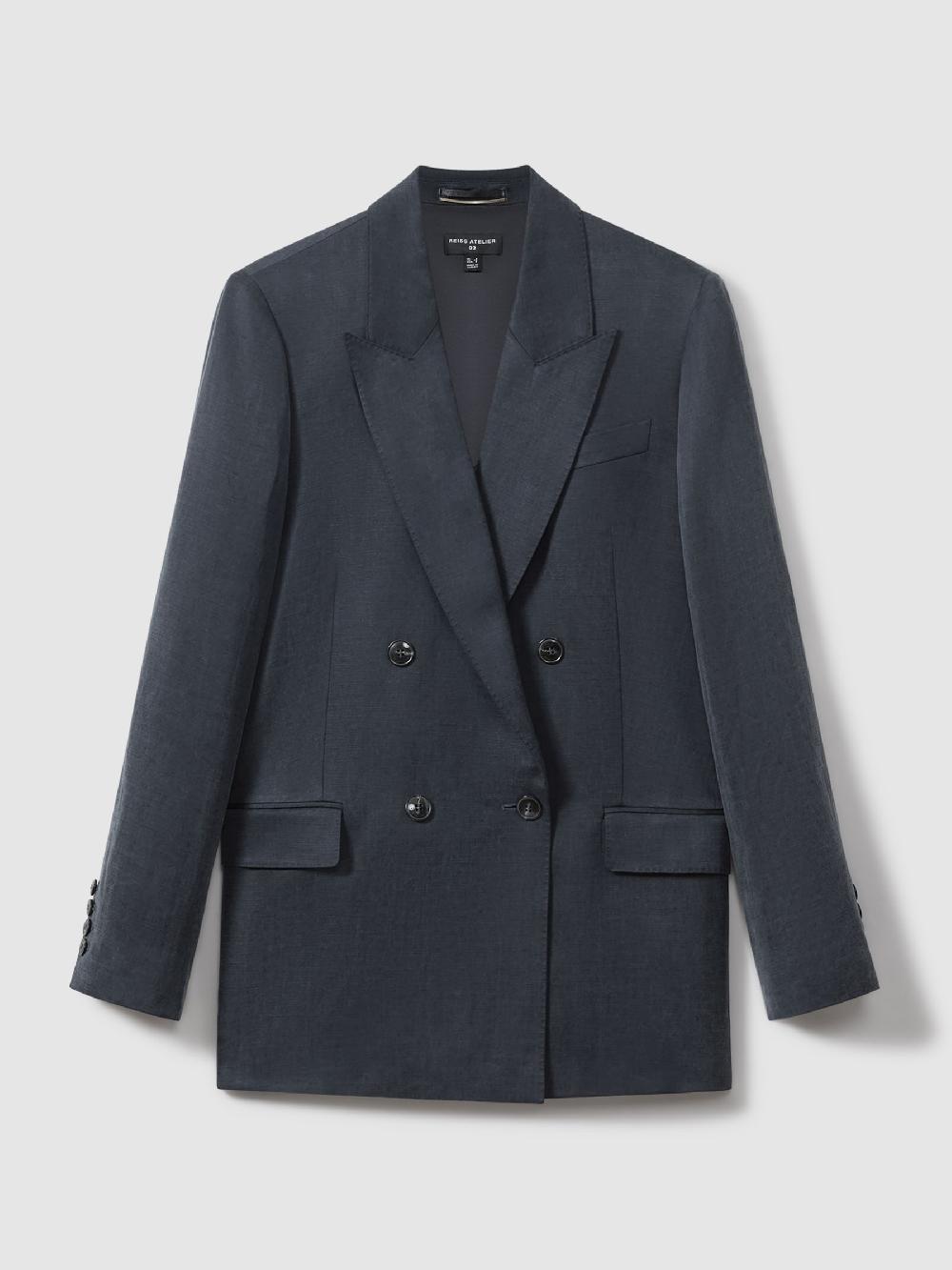 Reiss Atelier Cupro Double Breasted Suit Blazer In Navy