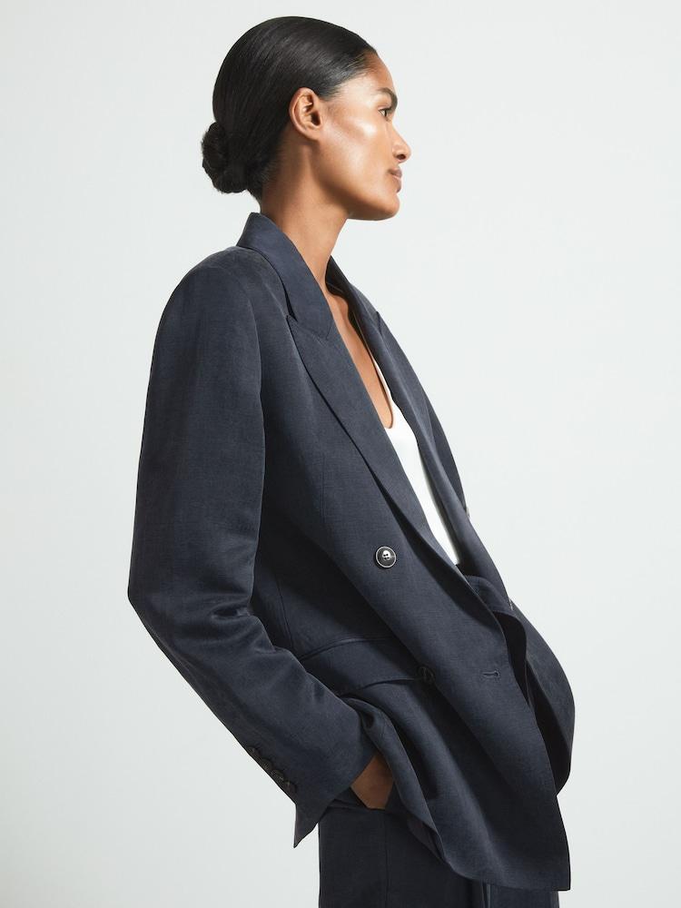 reiss Atelier Cupro Double Breasted Suit Blazer in Navy