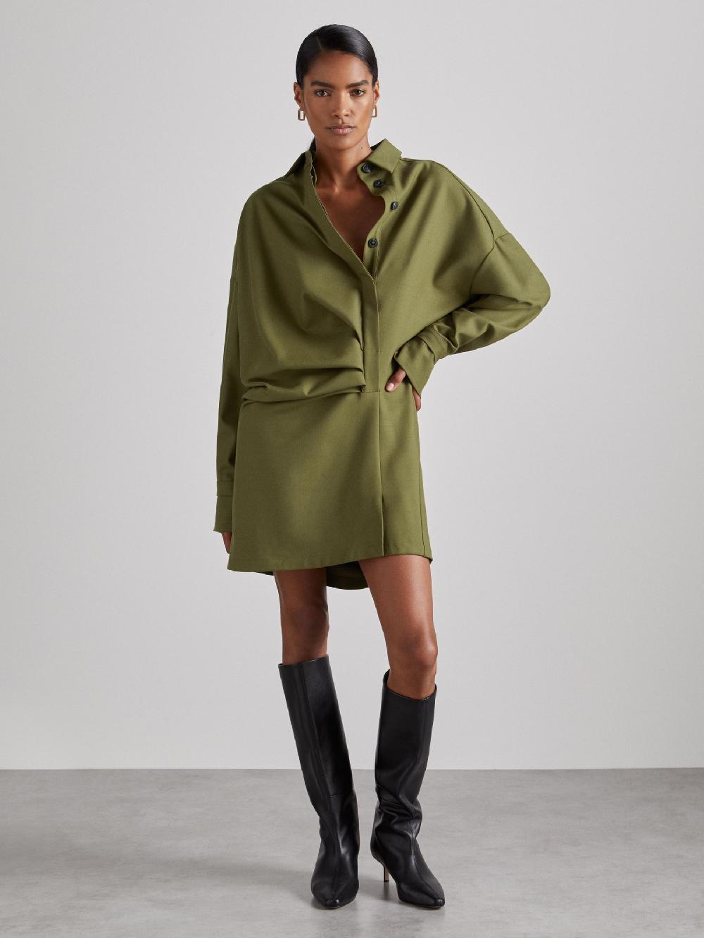 Reiss Atelier Draped Shirt Dress With Wool In Khaki