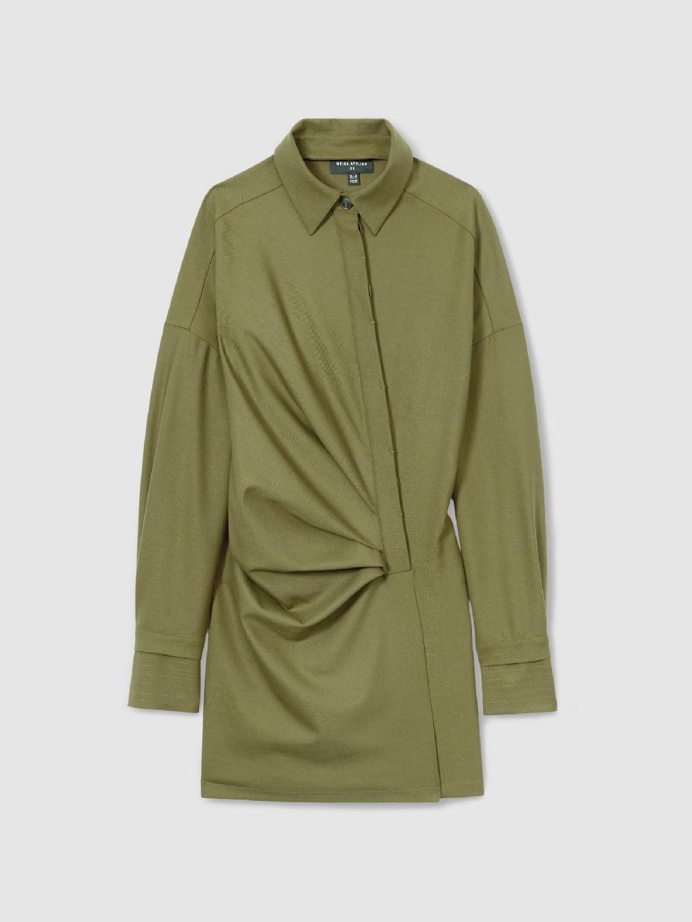 Reiss Atelier Draped Shirt Dress With Wool In Khaki