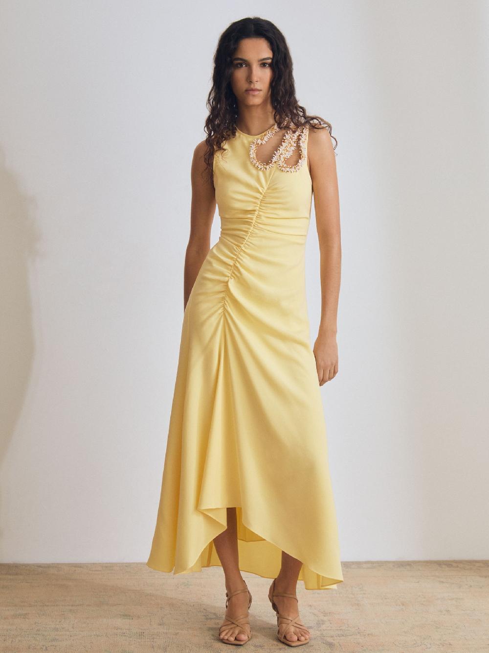 Reiss Atelier Embellished-Shoulder Maxi Dress In Yellow