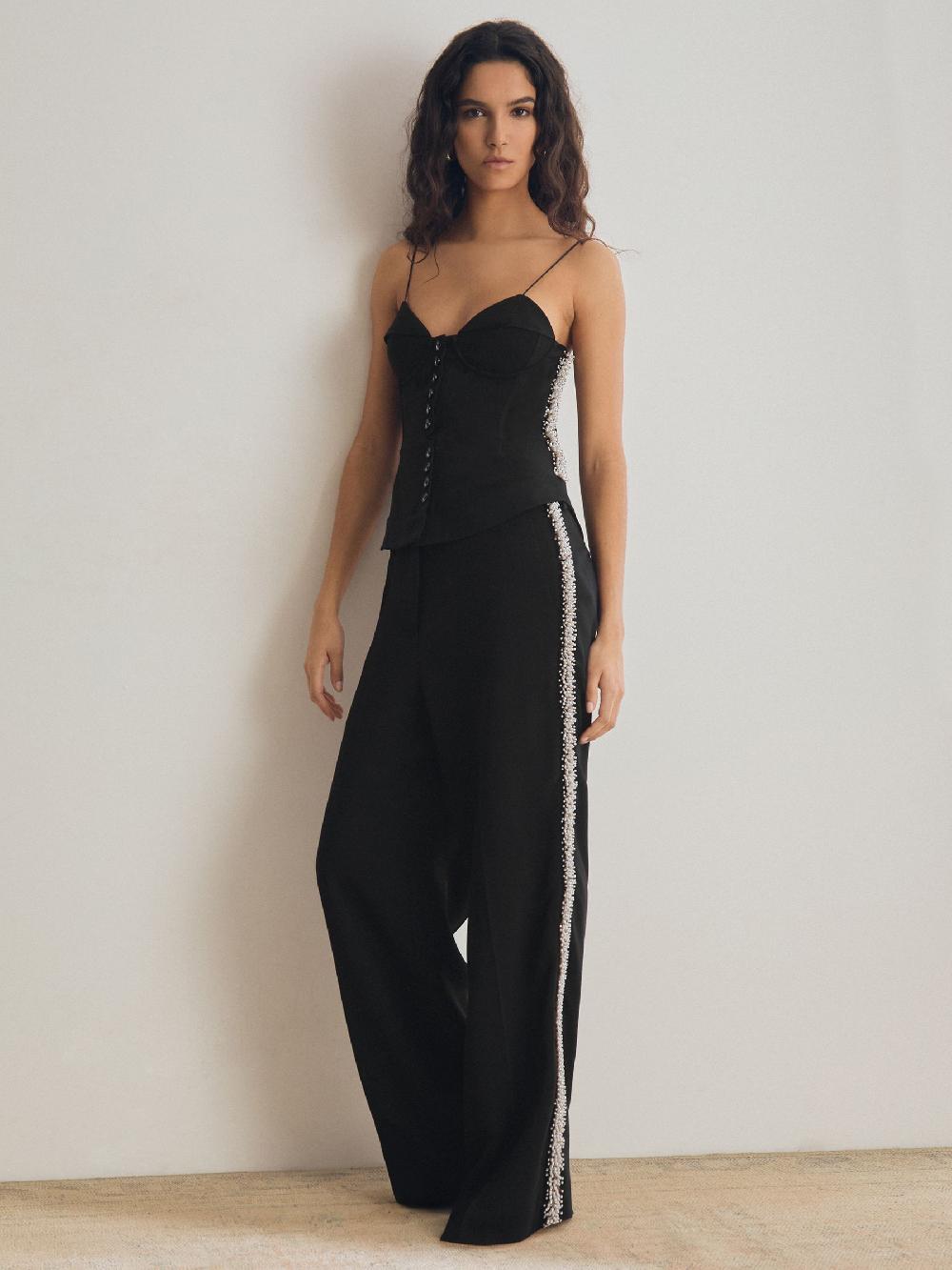Reiss Atelier Embellished Wide-Leg Trousers In Black