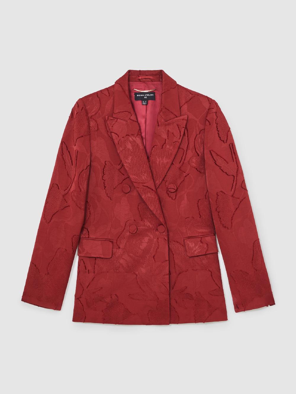 Reiss Atelier Jacquard Double-Breasted Blazer In Red